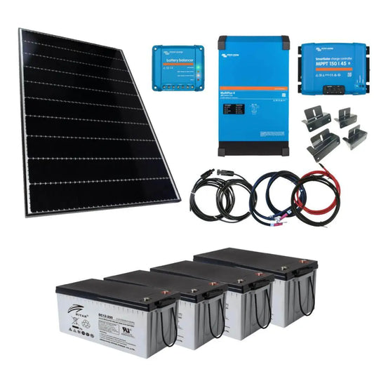 Solcellepakke til hytte med solcellepanel, Victron-inverter, MPPT-regulator, kabler og batteribank