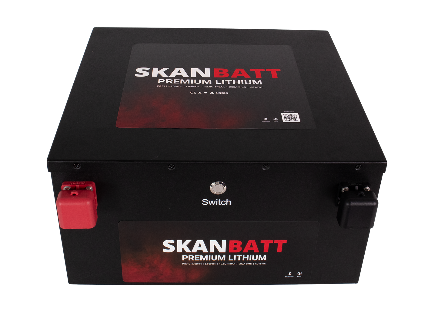 SKANBATT Premium Lithium - 12V 470Ah 200A BMS - Bluetooth - Heat - 360x350x190mm - 8 Års garanti - "Under sätet" modell