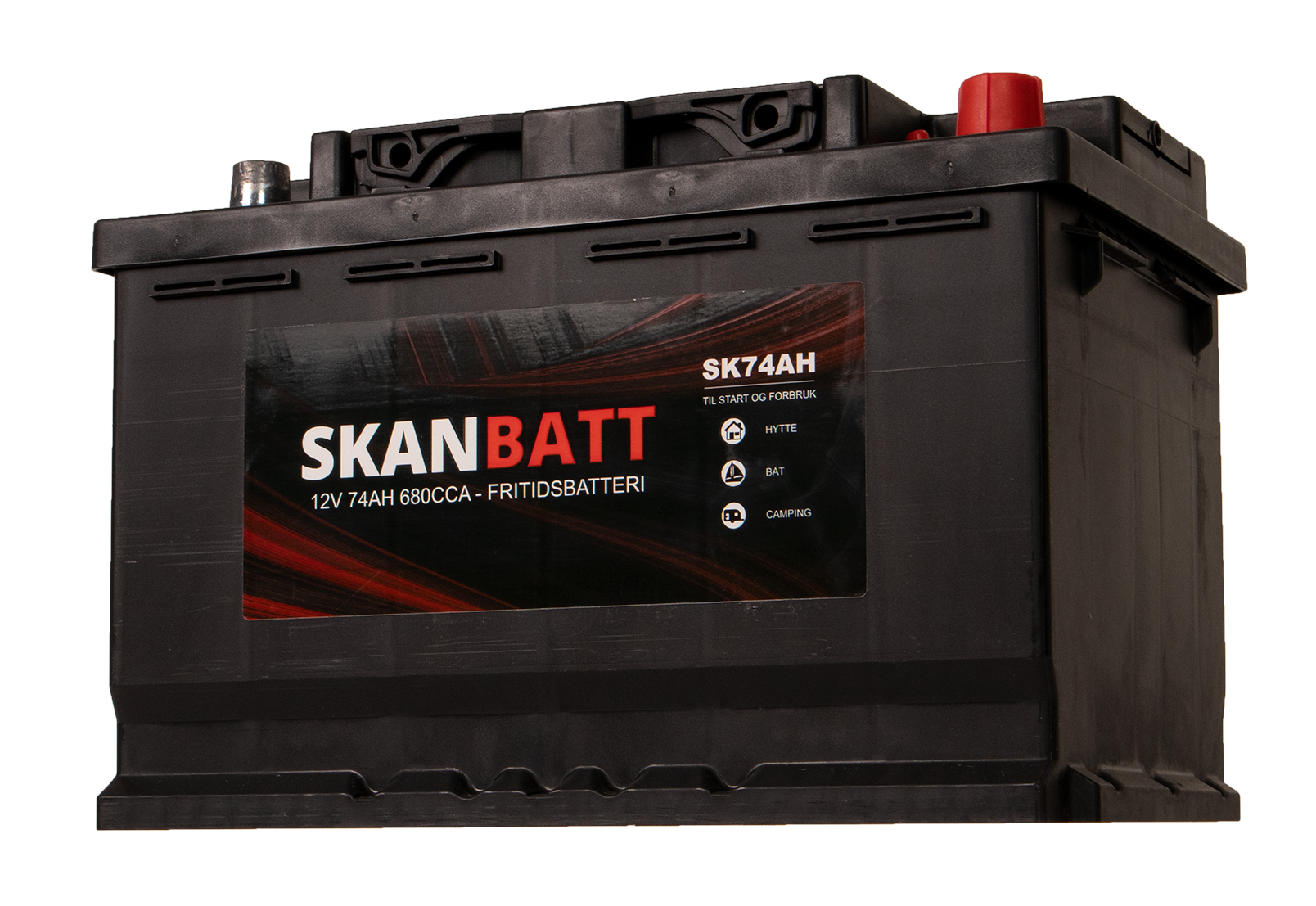 Skanbatt Fritidsbatteri 12V 74Ah 680Cca +Høyre shown in angle view