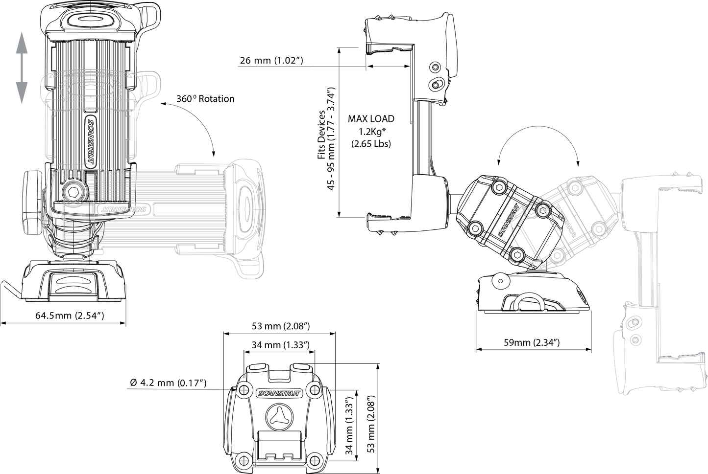 Scanstrut Rokk Mini Mobilholder Til Fastmontering shown in angle view