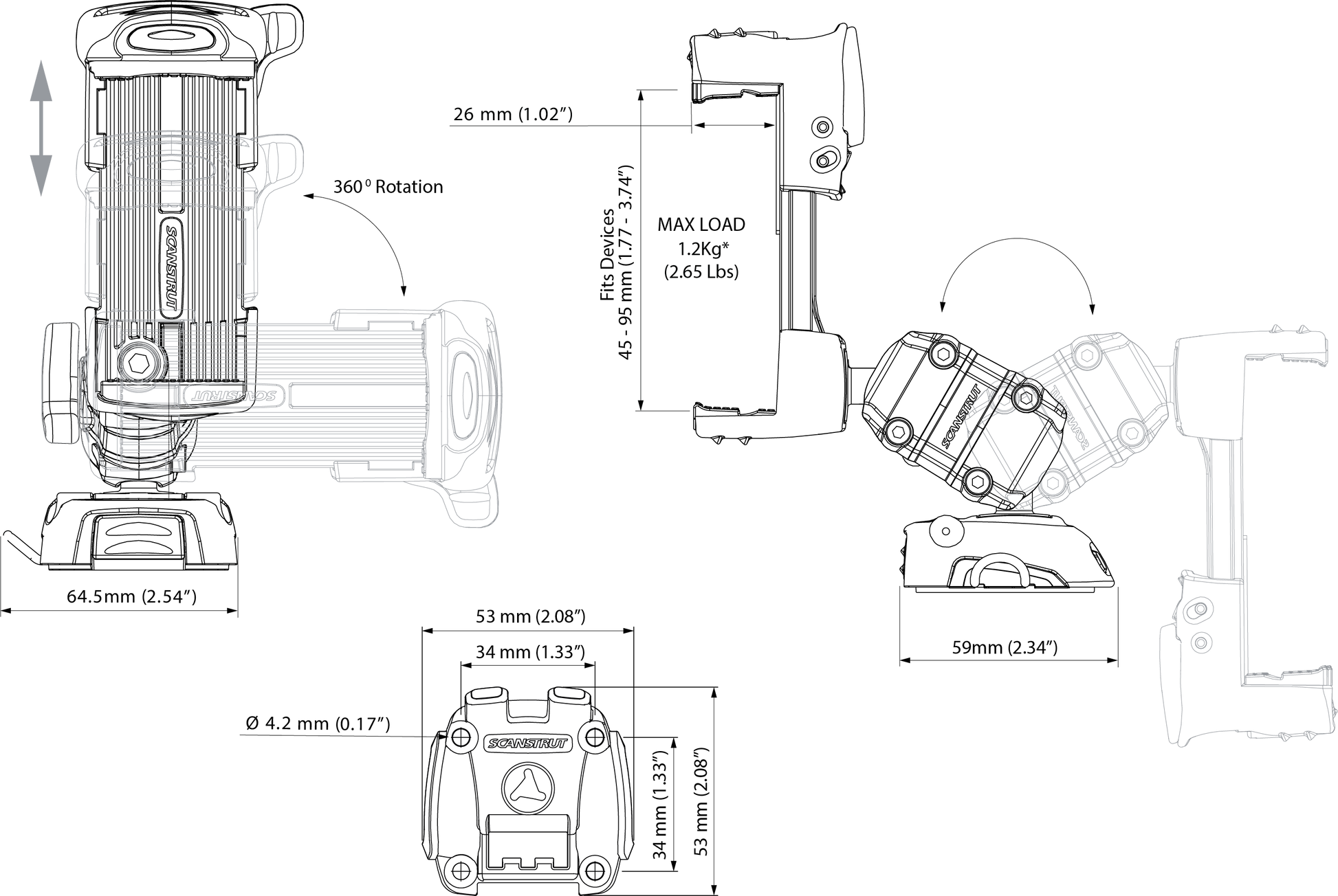 Scanstrut Rokk Mini Mobilholder Til Fastmontering shown in angle view