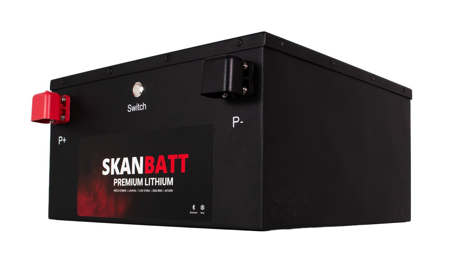 SKANBATT Premium Lithium - 12V 470Ah 200A BMS - Bluetooth - Heat - 360x350x190mm - 8 Års garanti - "Under sätet" modell
