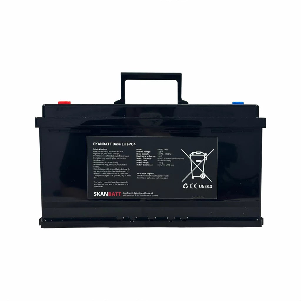 SKANBATT Base Lithium - 12V 100Ah 100A BMS - 352x174x190mm - 3 Års garanti - Bobil