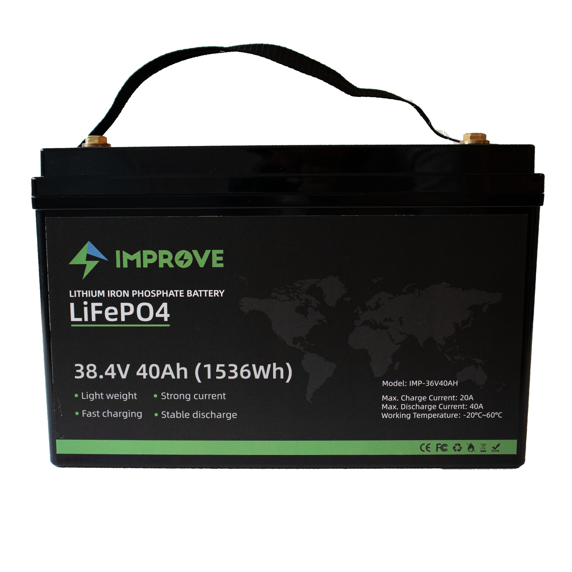 Improve Lithium Batteri 36V 40Ah (Lifepo4) Bms 40A shown in angle view