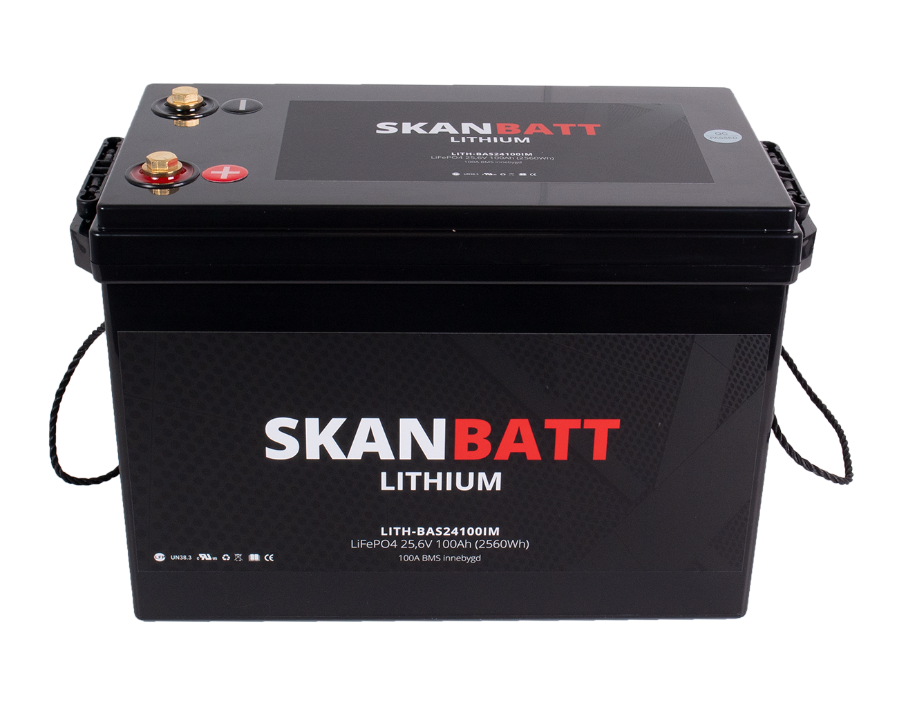 SKANBATT Base Lithium - 24V 100Ah 100A BMS - 330x175x220mm - 3 Års garanti shown in angle view