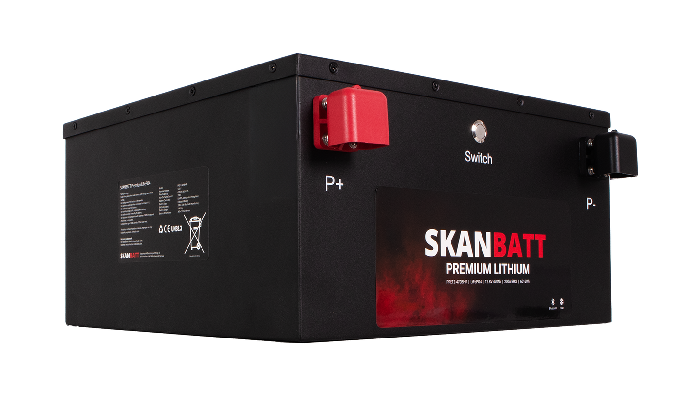 SKANBATT Premium Lithium - 12V 470Ah 200A BMS - Bluetooth - Heat - 360x350x190mm - 8 Års garanti - "Under sätet" modell