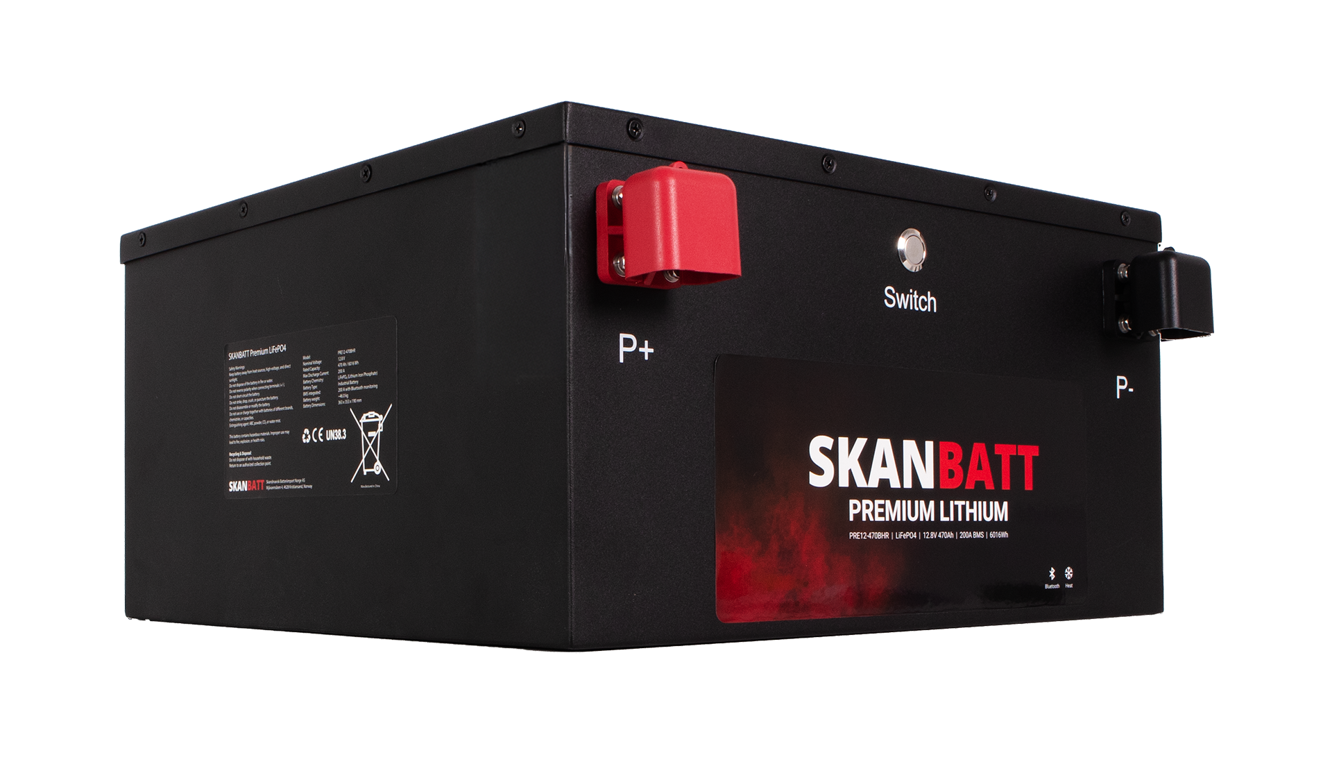 SKANBATT Premium Lithium - 12V 470Ah 200A BMS - Bluetooth - Heat - 360x350x190mm - 8 Års garanti - "Under sätet" modell