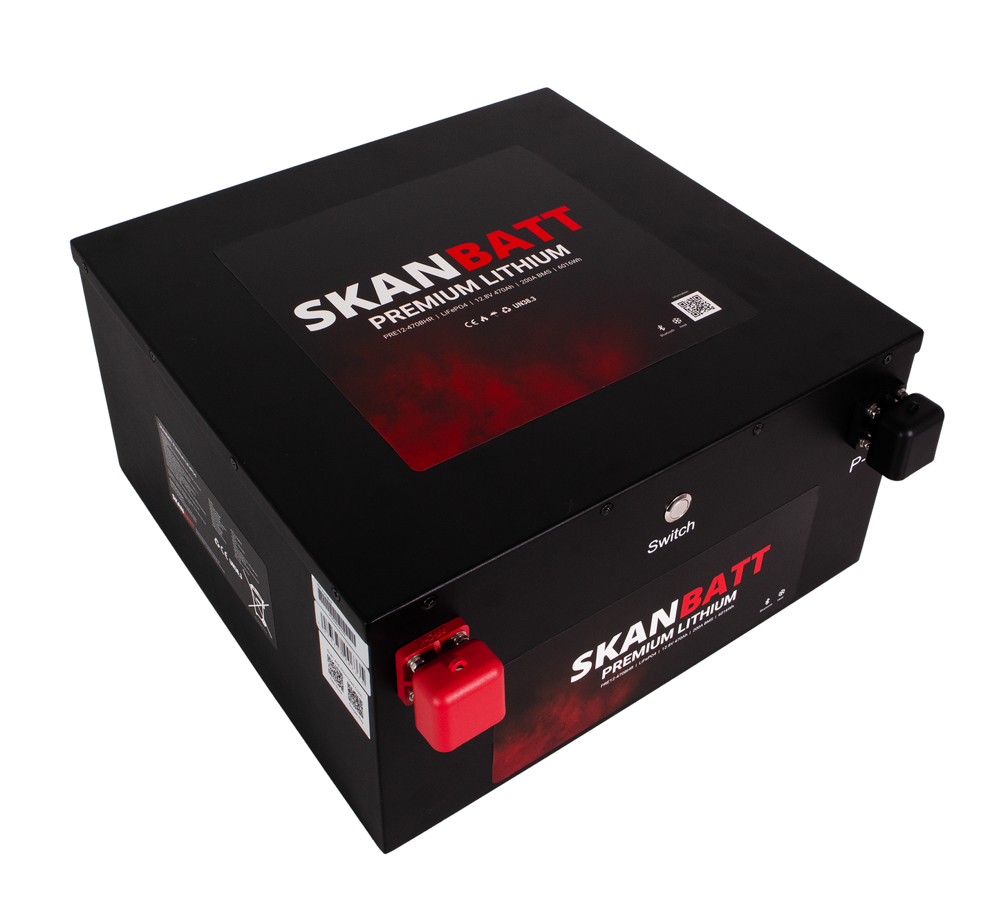 SKANBATT Premium Lithium - 12V 470Ah 200A BMS - Bluetooth - Heat - 360x350x190mm - 8 Års garanti - "Under sätet" modell