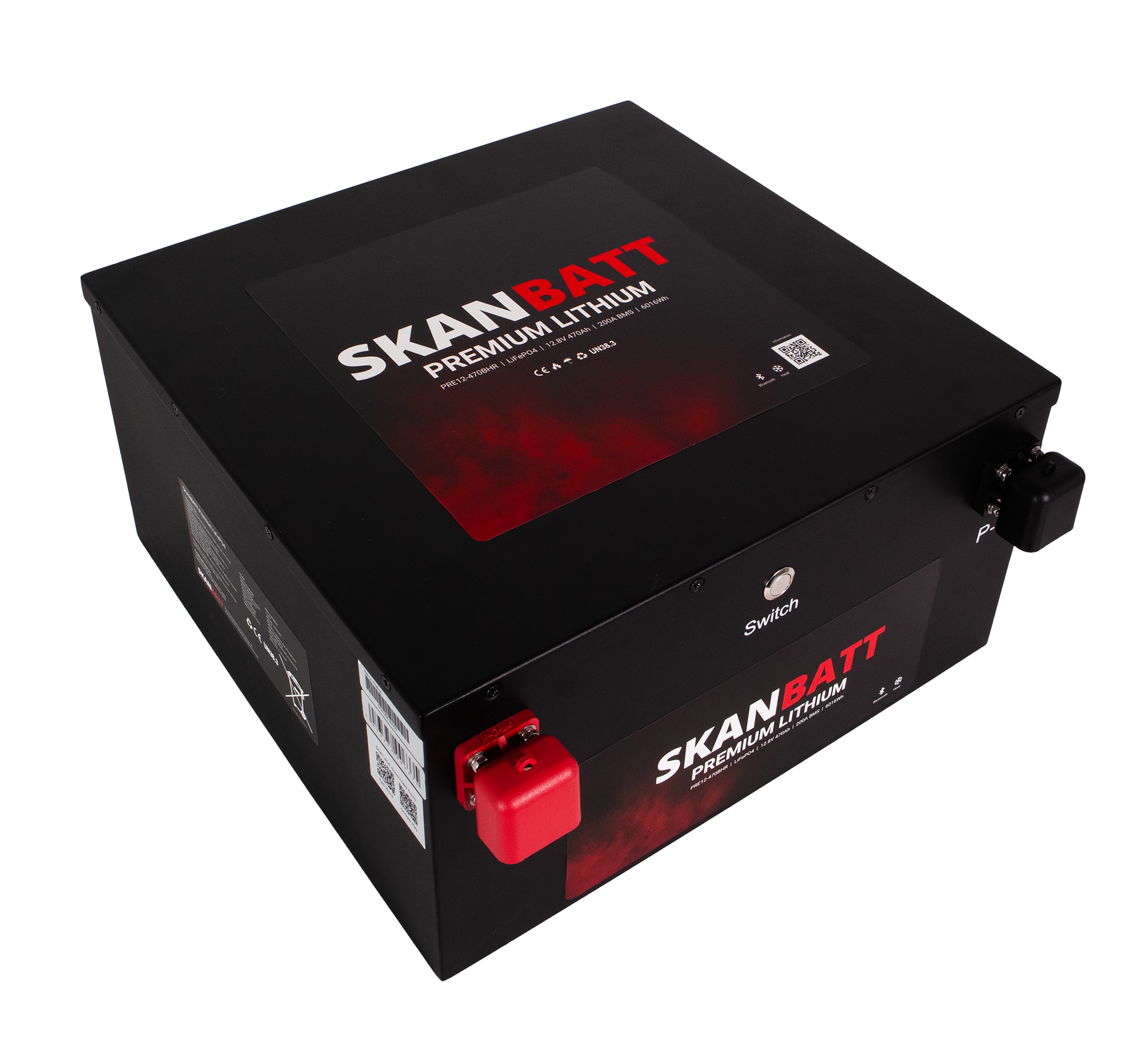 SKANBATT Premium Lithium - 12V 470Ah 200A BMS - Bluetooth - Heat - 360x350x190mm - 8 Års garanti - "Under sätet" modell