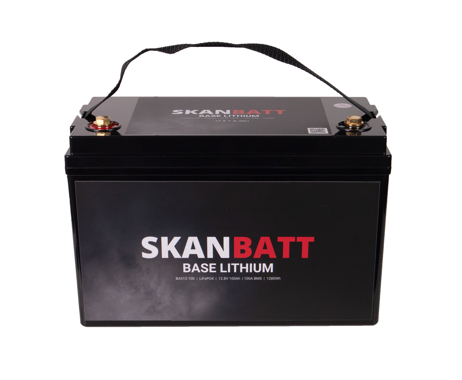 SKANBATT Base Lithium - 12V 100Ah 100A BMS - 326x173x215mm - 3 Års garanti shown in angle view