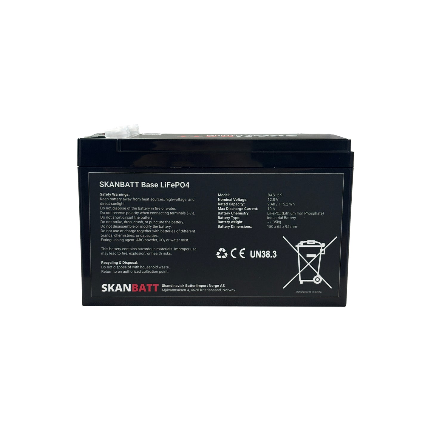 SKANBATT Base Lithium - 12V 9Ah 10A BMS - 150x65x95mm - 3 Års garanti shown in angle view