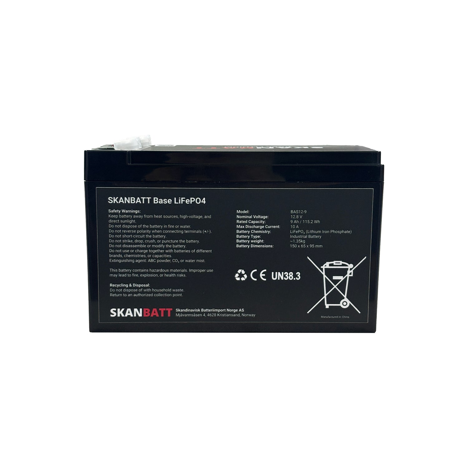SKANBATT Base Lithium - 12V 9Ah 10A BMS - 150x65x95mm - 3 Års garanti shown in angle view